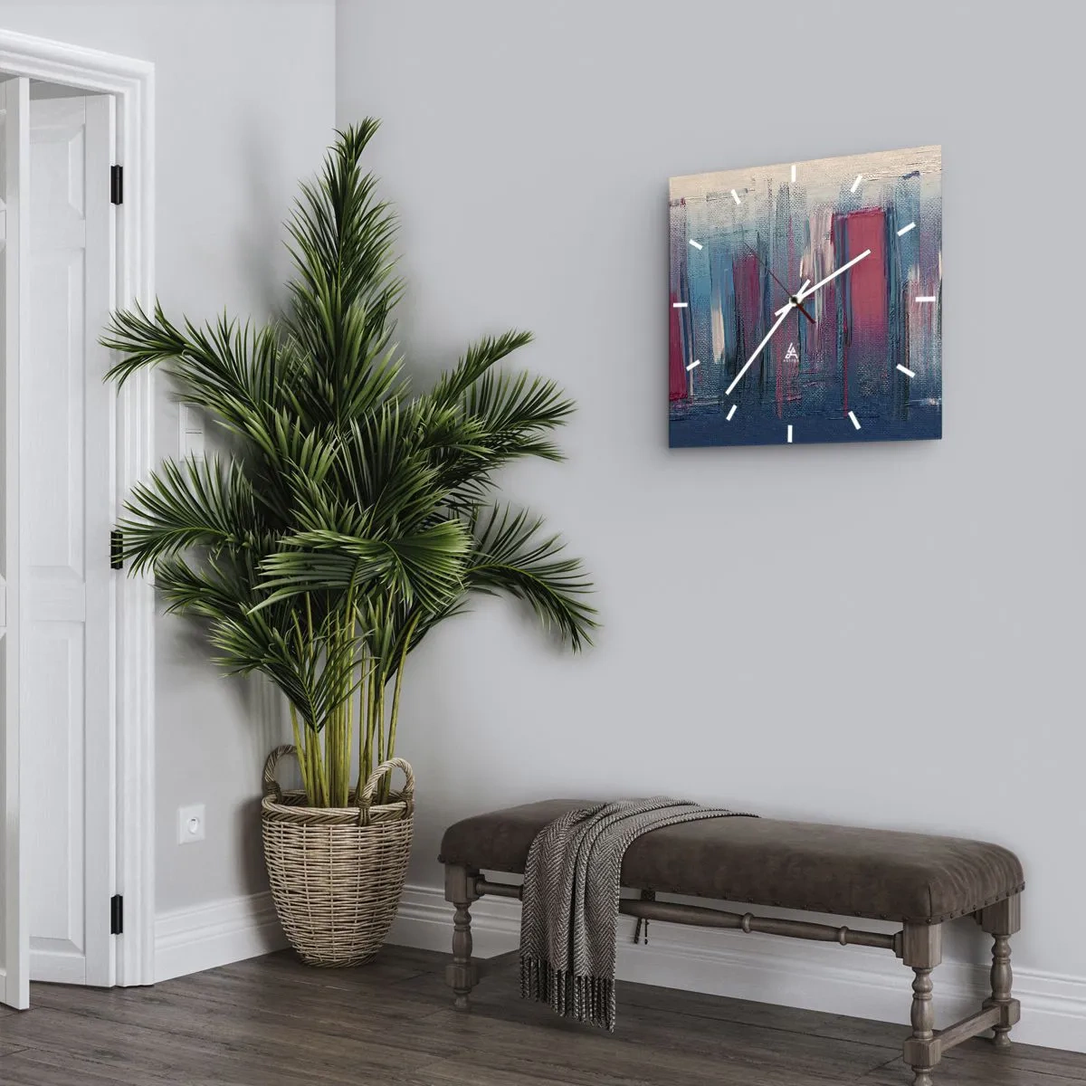 Reloj de pared - Reloj de vidrio - Formas verticales abstractas en tonos azules y rojos. - 30x30cm - Composición vertical en azul y rojo - Decoración de pared moderna para salón y dormitorio ARTTOR