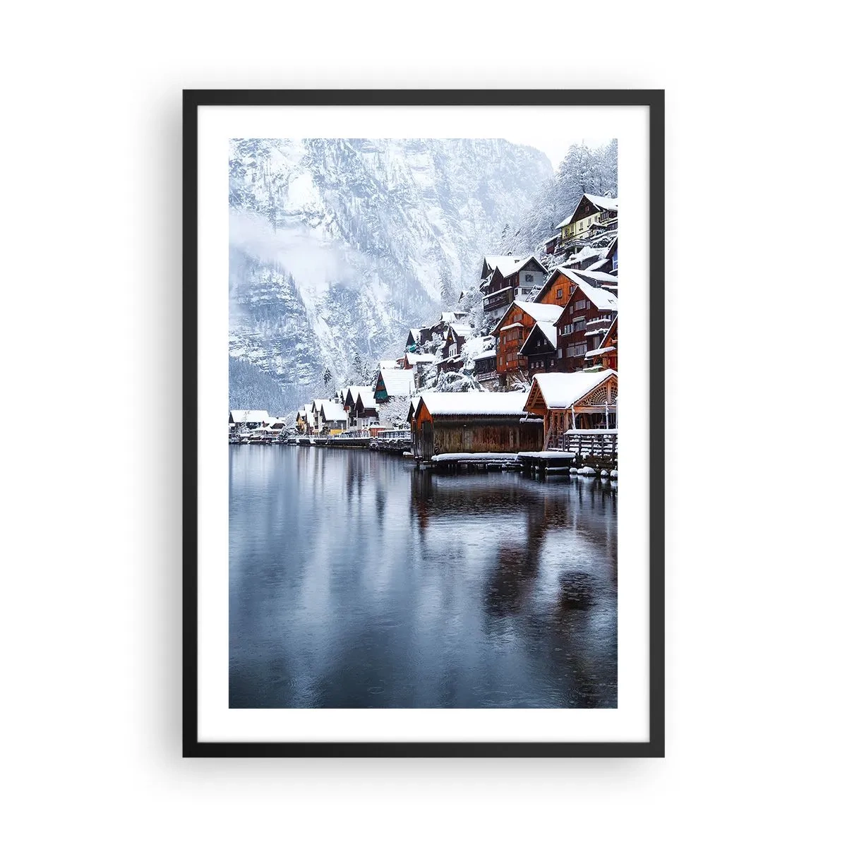 Póster en marco negro - Paisaje invernal de un pueblo de montaña junto al lago - 50x70cm - En un decorado de invierno - Decoración de pared moderna para salón y dormitorio ARTTOR