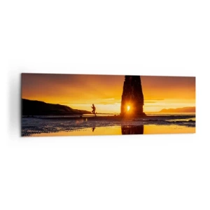 Cuadro sobre lienzo - Impresión de Imagen - Persona corriendo en la playa al atardecer con formación rocosa - 160x50cm - Solo tú y la naturaleza - Decoración de pared moderna para salón y dormitorio ARTTOR