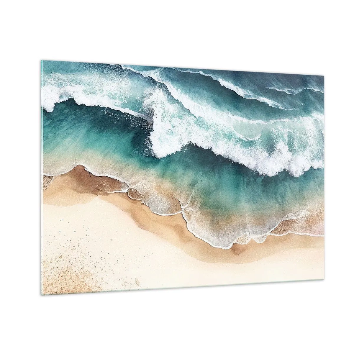 Cuadro sobre vidrio - Impresiones sobre Vidrio - Olas del océano rompiendo en una playa de arena dorada - 100x70cm - Un encuentro eterno - Decoración de pared moderna para salón y dormitorio ARTTOR