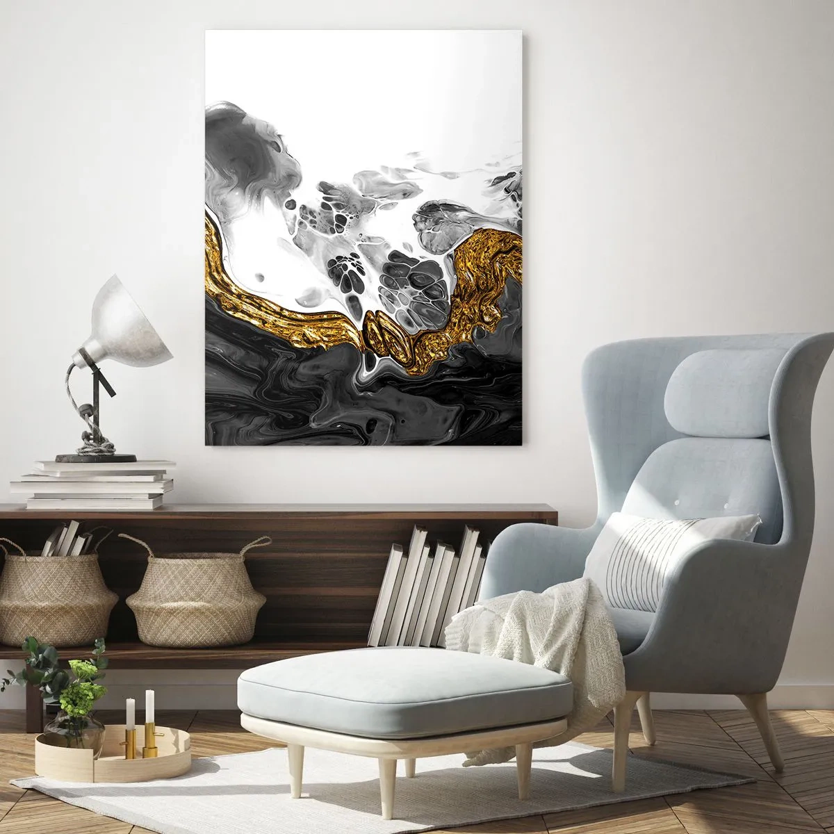 Cuadro sobre vidrio - Impresiones sobre Vidrio - Una composición abstracta con acentos dorados y negros. - 80x120cm - Composición orgánica - Decoración de pared moderna para salón y dormitorio ARTTOR