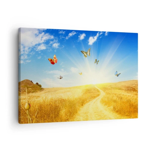 Cuadro sobre lienzo - Impresión de Imagen - Un campo dorado, un camino y mariposas contra un cielo azul. - 70x50cm - ¿Cómo no amar el verano? - Decoración de pared moderna para salón y dormitorio ARTTOR