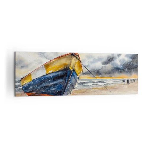 Cuadro sobre lienzo - Impresión de Imagen - Un pintoresco barco en la playa bajo un cielo nublado. - 160x50cm - Descansando en la orilla - Decoración de pared moderna para salón y dormitorio ARTTOR
