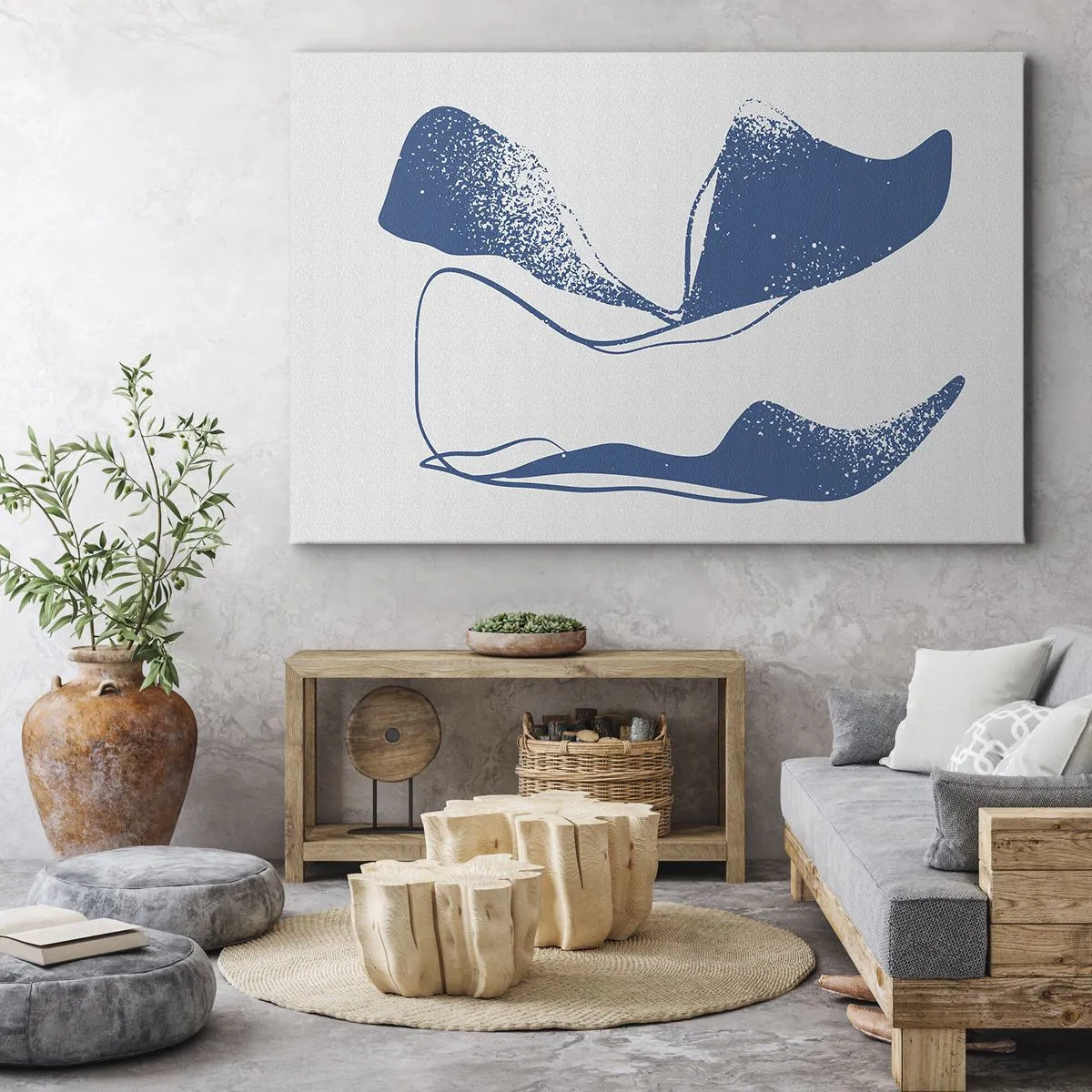 Cuadro sobre lienzo - Impresión de Imagen - Formas abstractas en tonos azules sobre un fondo blanco. - 70x50cm - Abstracción con alas - Decoración de pared moderna para salón y dormitorio ARTTOR