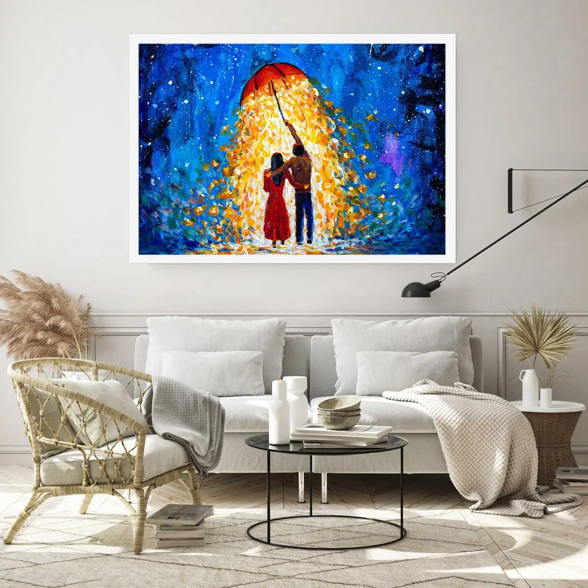 Póster - Una pareja bajo un paraguas rojo bajo la lluvia luminosa. - 100x70cm - La magia de una tarde lluviosa - Decoración de pared moderna para salón y dormitorio ARTTOR