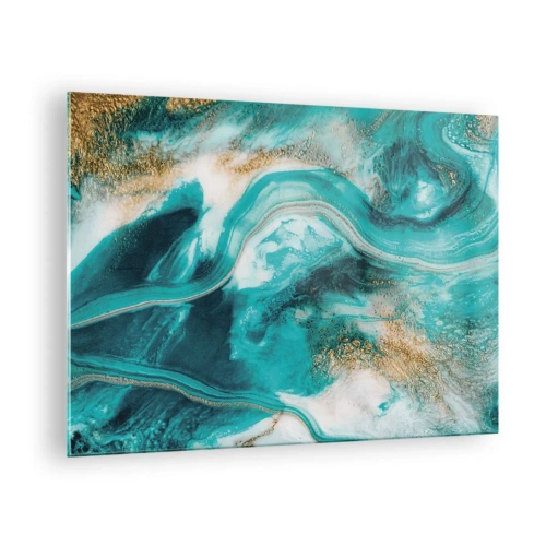 Cuadro sobre vidrio - Impresiones sobre Vidrio - Una composición abstracta en turquesa con acentos dorados. - 70x50cm - Río de oro - Decoración de pared moderna para salón y dormitorio ARTTOR