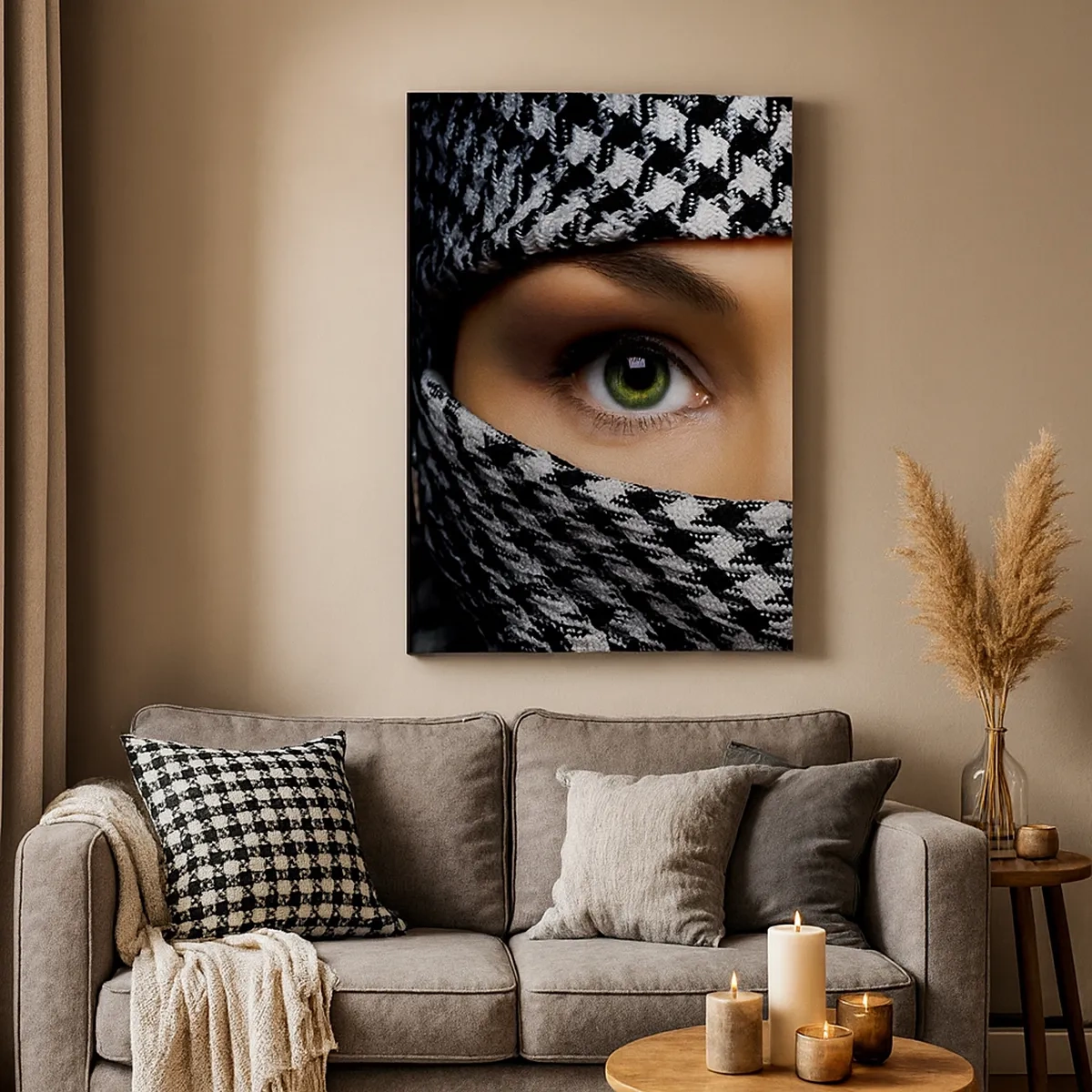 Cuadro sobre lienzo - Impresión de Imagen - Los ojos verdes de una mujer están ocultos tras una tela estampada en blanco y negro. - 50x70cm - Hermosa mirada de ojos verdes - Decoración de pared moderna para salón y dormitorio ARTTOR