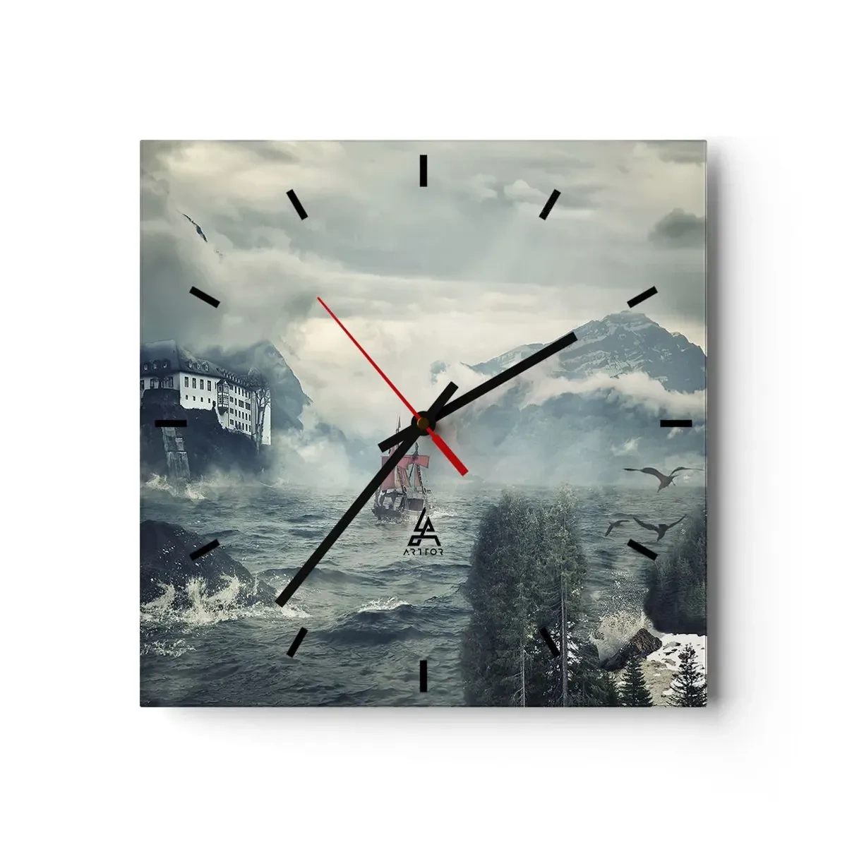 Reloj de pared - Reloj de vidrio - Un paisaje misterioso con un castillo, montañas y un barco. - 30x30cm - En aguas mágicas - Decoración de pared moderna para salón y dormitorio ARTTOR