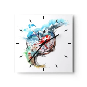 Reloj de pared - Reloj de vidrio - Un paisaje de acuarela de Suiza con un diseño de relojería. - 30x30cm - El espíritu de Suiza - Decoración de pared moderna para salón y dormitorio ARTTOR