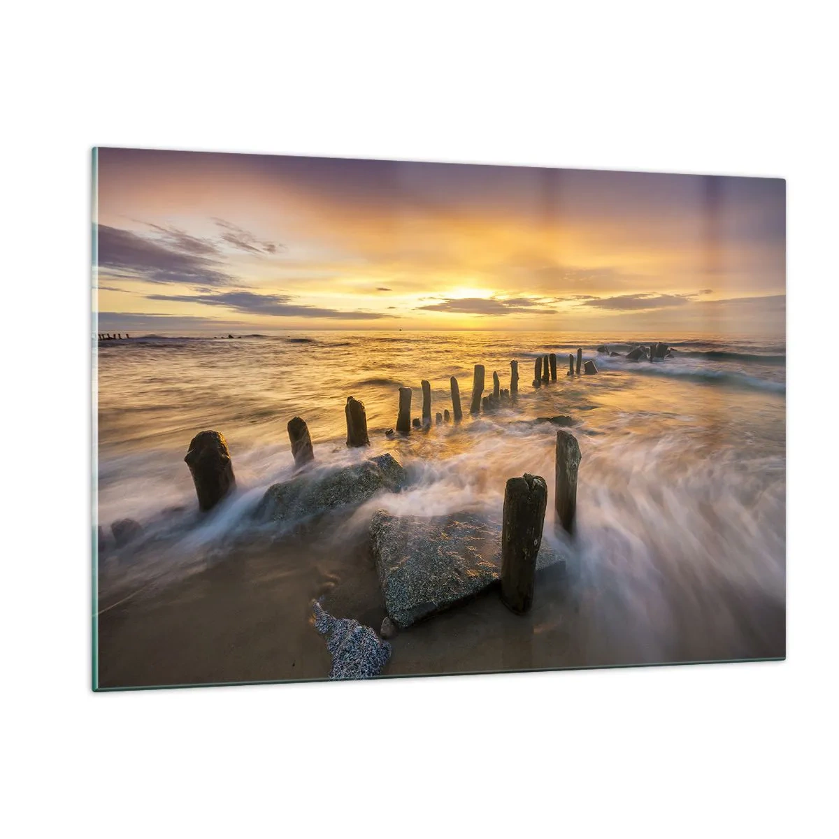 Cuadro sobre vidrio - Impresiones sobre Vidrio - Puesta de sol sobre el mar con pilotes de madera en la playa - 120x80cm - La cruda belleza del Báltico - Decoración de pared moderna para salón y dormitorio ARTTOR