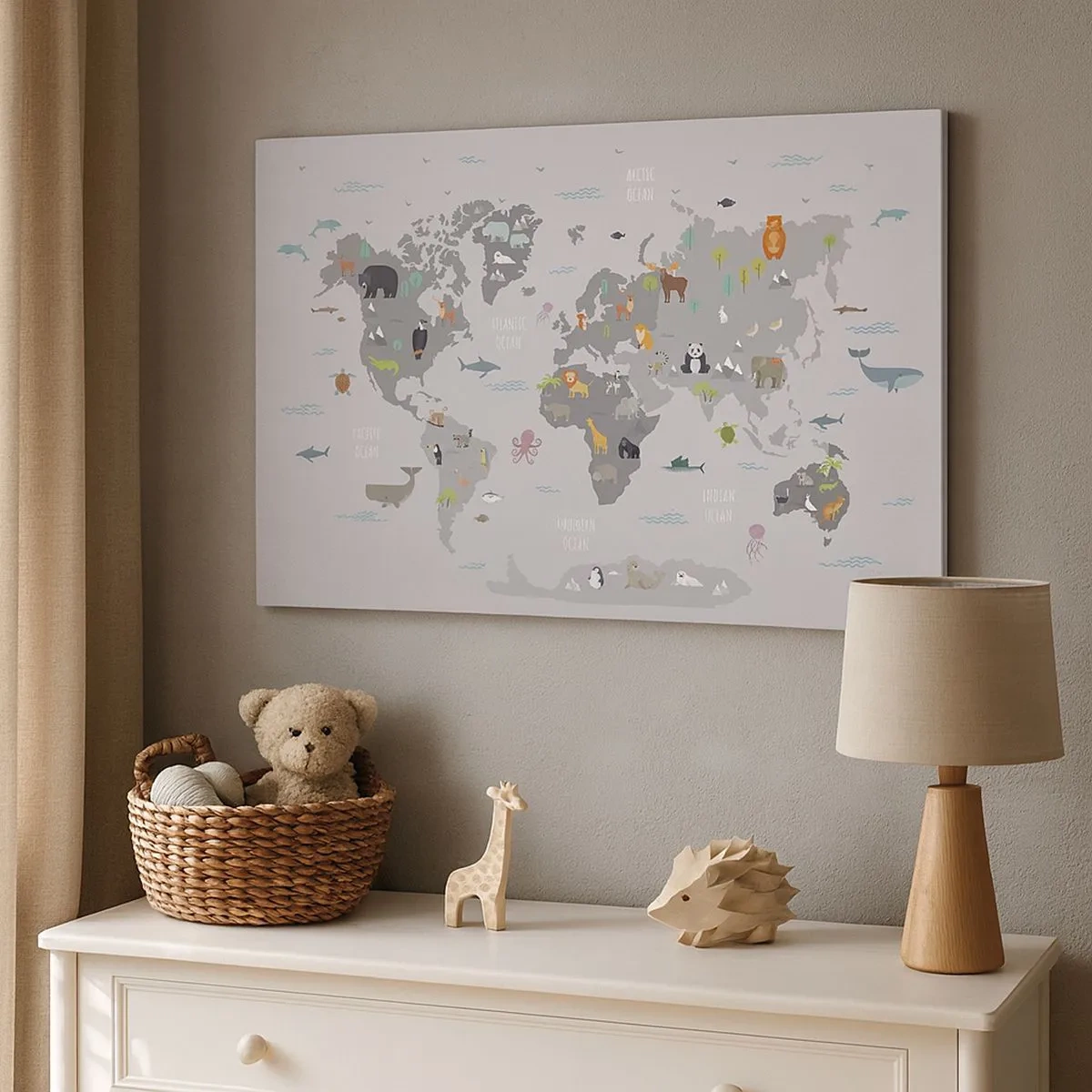 Cuadro sobre lienzo - Impresión de Imagen - Un mapa del mundo con ilustraciones de animales sobre un fondo gris. - 70x50cm - Dime de dónde eres... - Decoración de pared moderna para salón y dormitorio ARTTOR