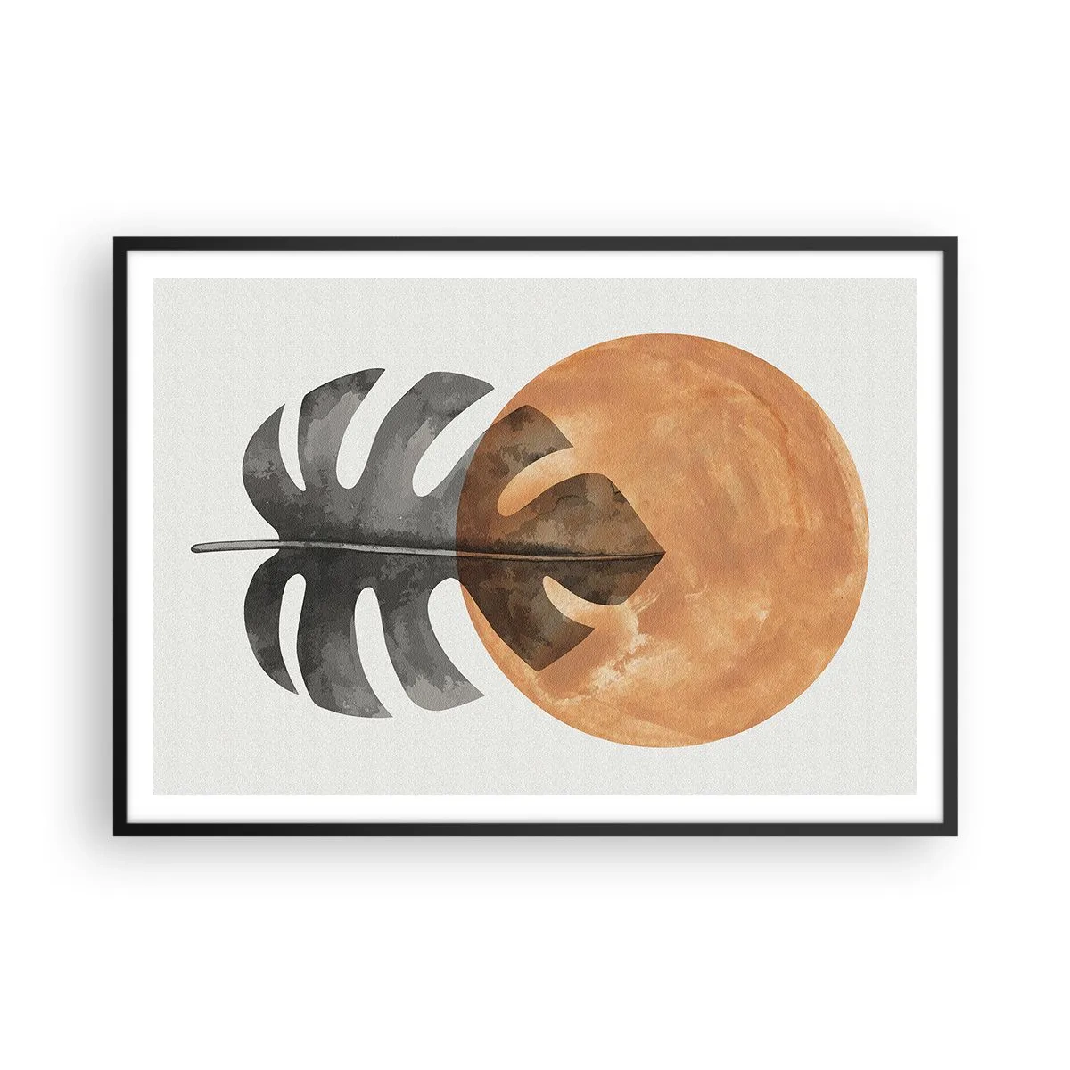 Póster en marco negro - Hoja de monstera y círculo dorado sobre un fondo claro - 100x70cm - Siempre el sol - Decoración de pared moderna para salón y dormitorio ARTTOR