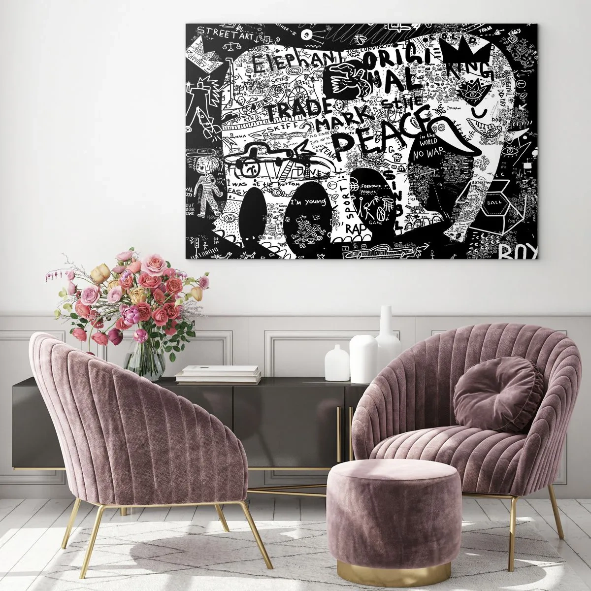Cuadro sobre vidrio - Impresiones sobre Vidrio - Imagen de grafiti en blanco y negro con temas de paz y libertad. - 120x80cm - El rico mundo de la calle - Decoración de pared moderna para salón y dormitorio ARTTOR
