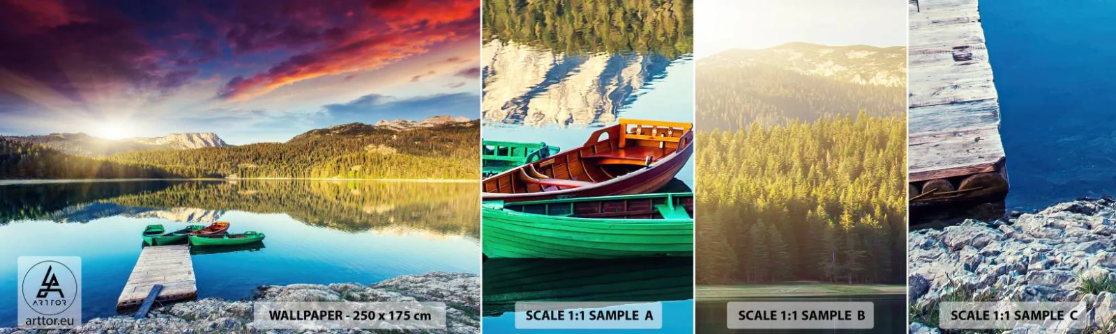 Muestra De Fotomural Standard Eco - Sobre el agua tan suave como un espejo - Paisaje, Montañas, Bosque - 100x30 cm