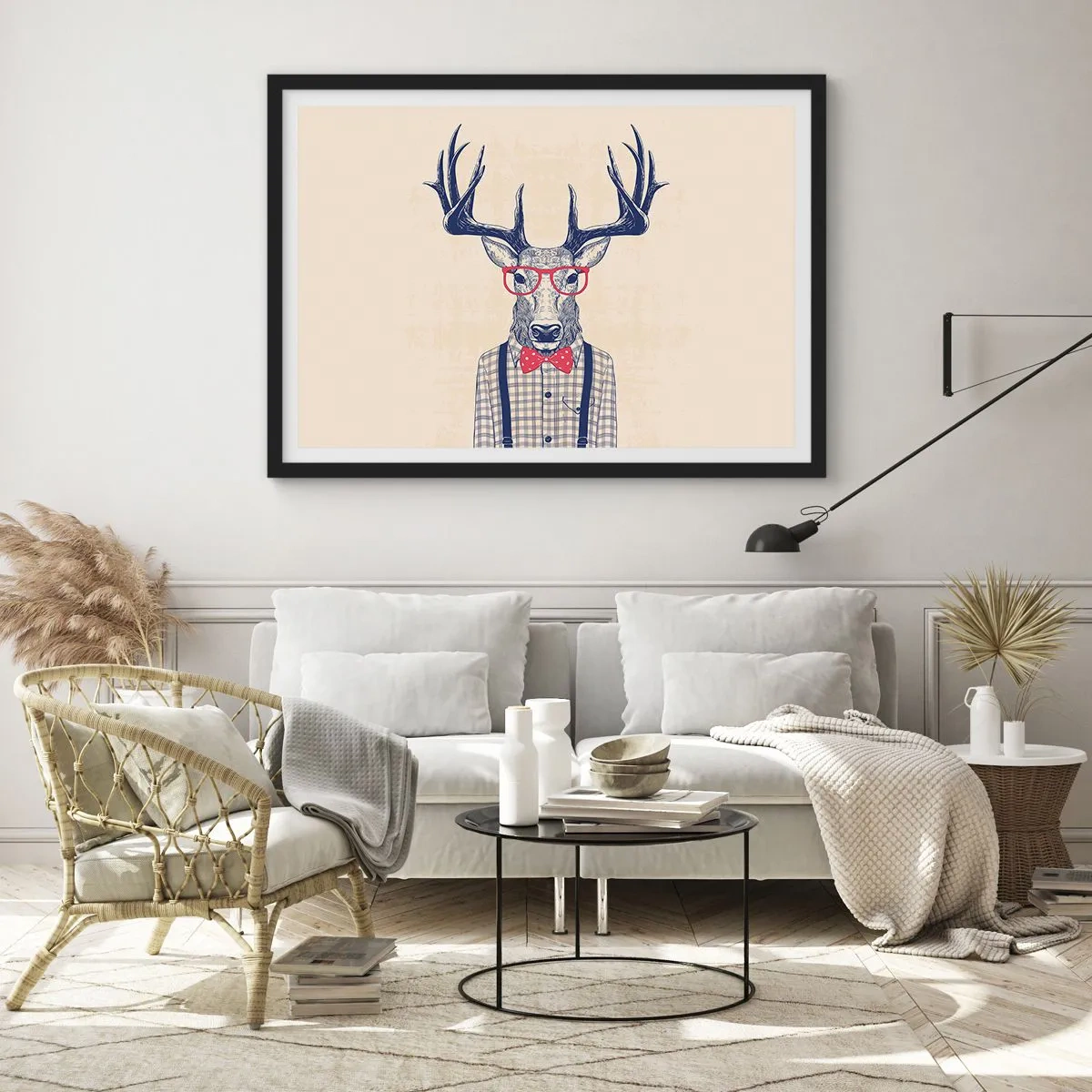 Póster en marco negro - Gráfico estilizado de un ciervo con gafas y pajarita. - 70x50cm - Una extravagancia lúdica - Decoración de pared moderna para salón y dormitorio ARTTOR