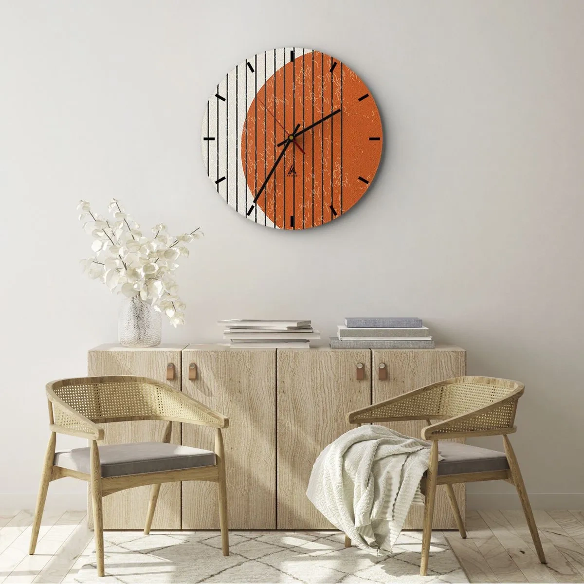 Reloj de pared - Reloj de vidrio - Círculo naranja y líneas negras sobre un fondo beige - 30x30cm - Siempre el sol - Decoración de pared moderna para salón, cocina y dormitorio ARTTOR