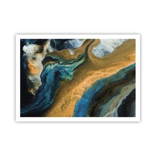 Póster - Ondas abstractas en tonos dorados y azules. - 100x70cm - Azul - amarillo - influencia mutua - Decoración de pared moderna para salón y dormitorio ARTTOR