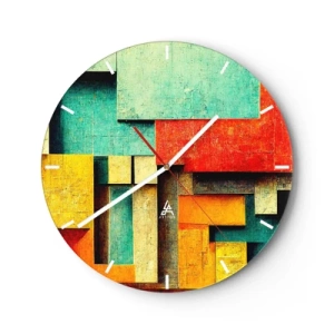 Reloj de pared - Reloj de vidrio - Bloques geométricos coloridos en un estilo abstracto. - 30x30cm - Festival de ángulos rectos - Decoración de pared moderna para salón, cocina y dormitorio ARTTOR