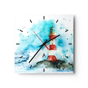 Reloj de pared - Reloj de vidrio - Un faro en un entorno de acuarela con un fondo azul. - 30x30cm - La unidad de los elementos - Decoración de pared moderna para salón y dormitorio ARTTOR