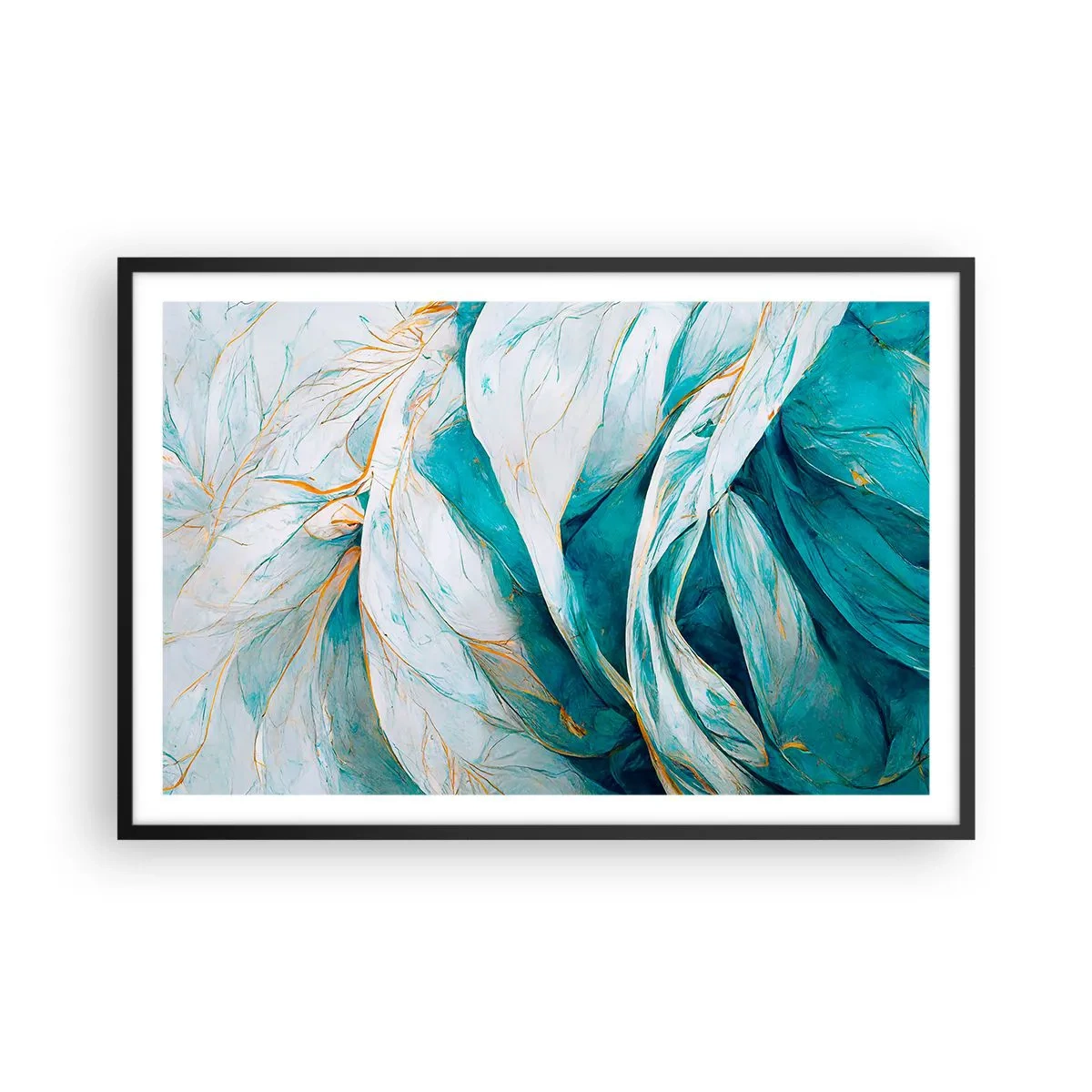 Póster en marco negro - Abstracción azul con motivos dorados - 91x61 cm