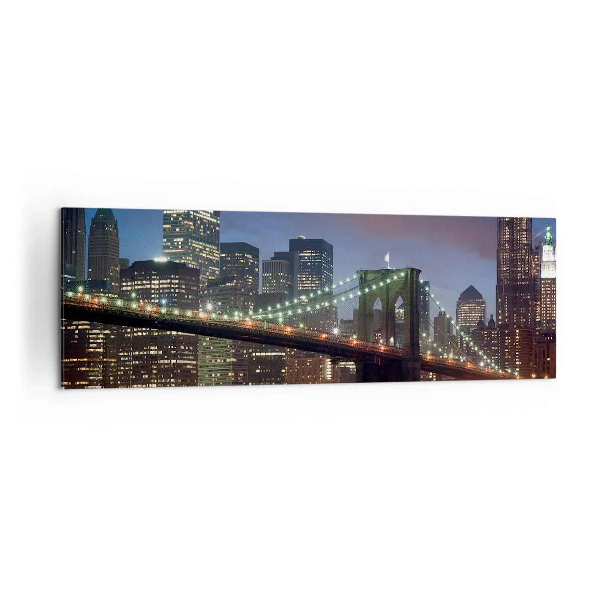 Cuadro sobre lienzo - Impresión de Imagen - Puente de la ciudad de Nueva York de noche con edificios iluminados - 160x50cm - Una noche iluminada - Decoración de pared moderna para salón y dormitorio ARTTOR