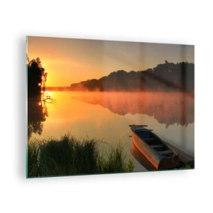 Cuadro sobre vidrio - Impresiones sobre Vidrio - Amanecer sobre un lago tranquilo con un barco en la orilla - 70x50cm - Amanecer sobre el agua como la superficie de un espejo - Decoración de pared moderna para salón y dormitorio ARTTOR