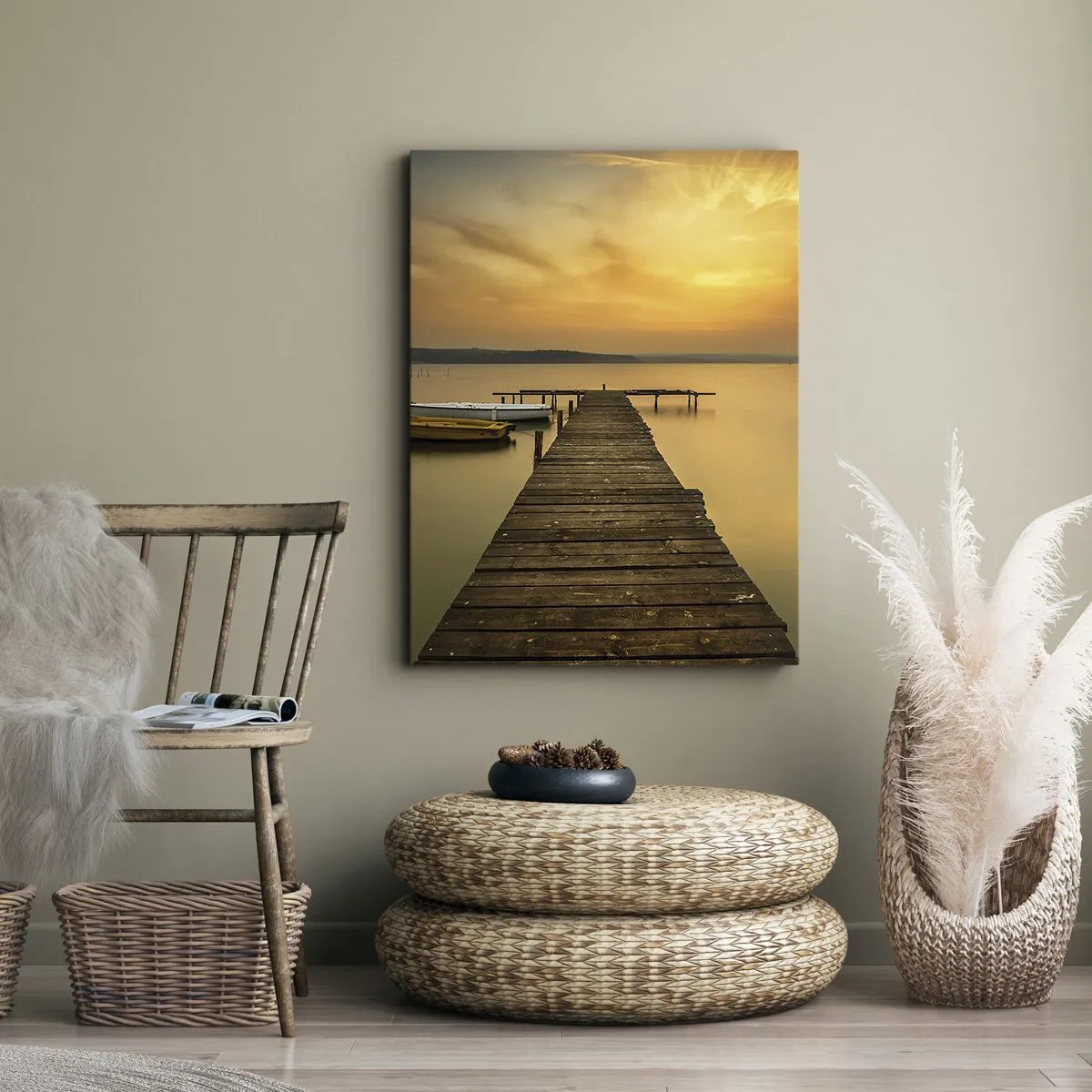 Cuadro sobre lienzo - Impresión de Imagen - Muelle de madera y barcos en el lago al atardecer - 80x120cm - Abriré el cielo dorado para ti - Decoración de pared moderna para salón y dormitorio ARTTOR