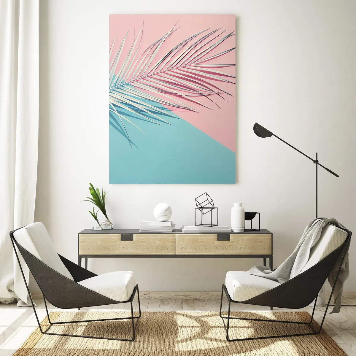 Cuadro sobre vidrio - Impresiones sobre Vidrio - Hoja tropical sobre un fondo de tonos pastel de rosa y azul. - 80x120cm - Impresión tropical - Decoración de pared moderna para salón y dormitorio ARTTOR