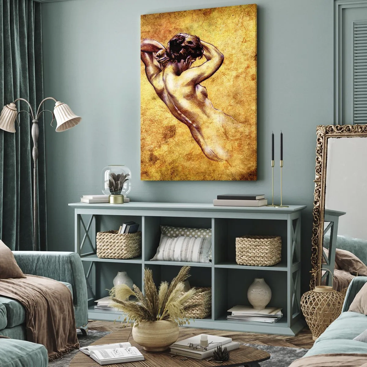 Cuadro sobre lienzo - Impresión de Imagen - Desnudo femenino artístico sobre fondo dorado en estilo clásico. - 50x70cm - Revelado, pero todavía un misterio - Decoración de pared moderna para salón y dormitorio ARTTOR