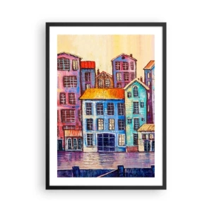 Póster en marco negro - Casas de vecindad coloridas junto al agua en un estilo pictórico - 50x70cm - Una ciudad como un cuento de hadas - Decoración de pared moderna para salón y dormitorio ARTTOR