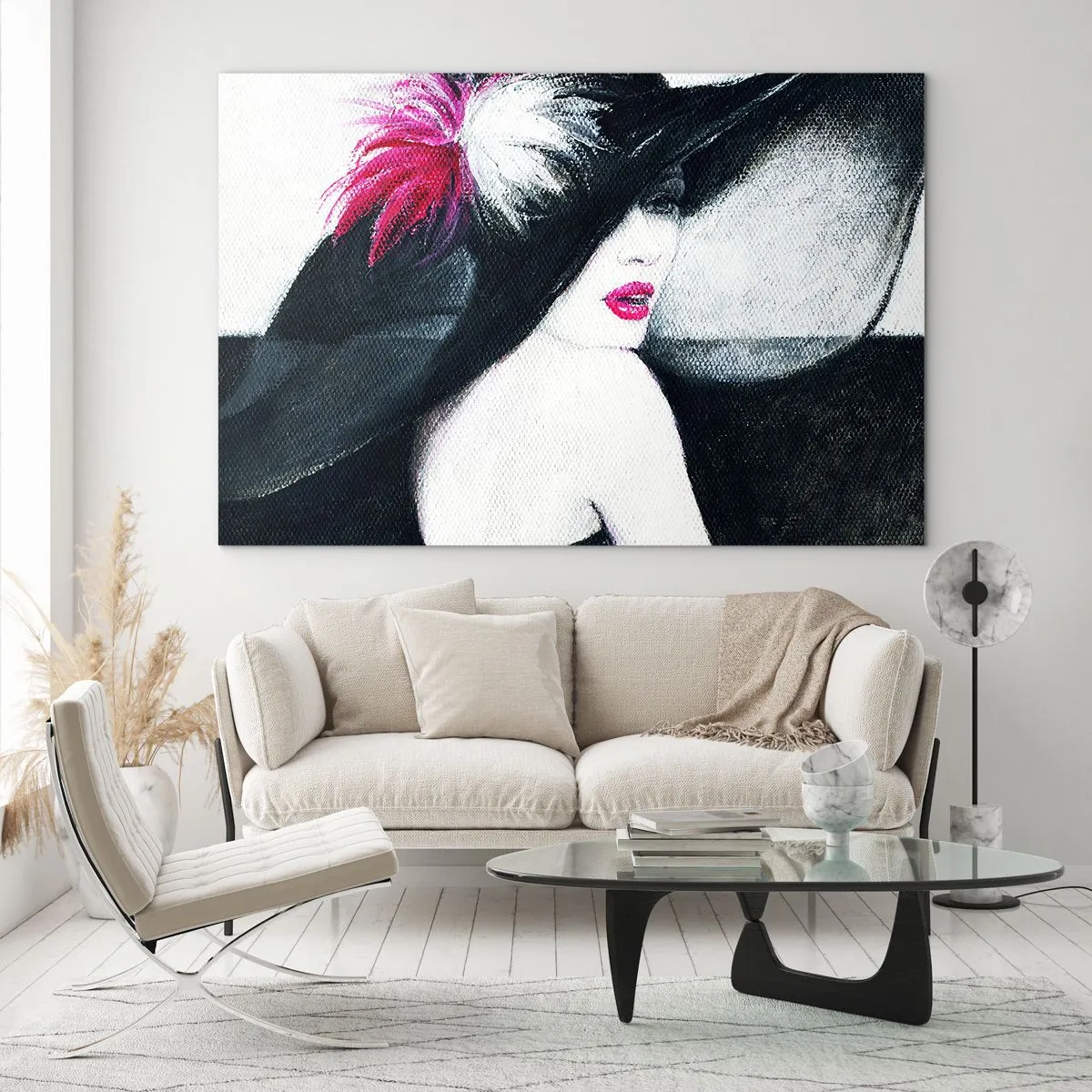 Cuadro sobre vidrio - Impresiones sobre Vidrio - Retrato de una mujer con un gran sombrero con una pluma rosa. - 70x50cm - Siempre un misterio - Decoración de pared moderna para salón y dormitorio ARTTOR