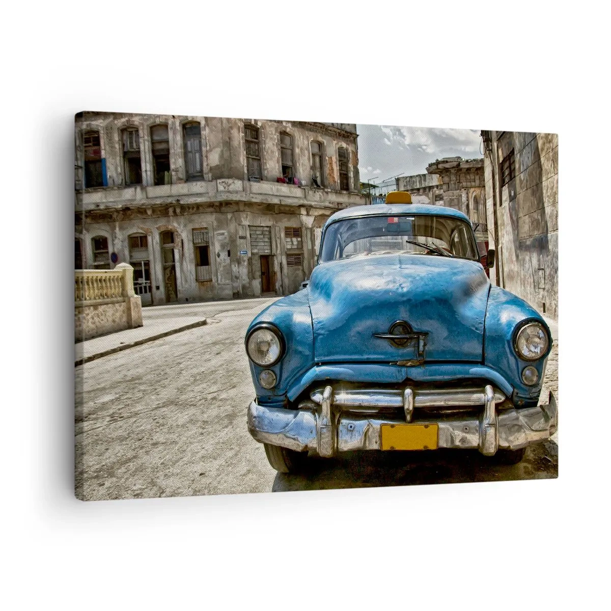 Cuadro sobre lienzo - Impresión de Imagen - Un viejo coche azul en la calle en estilo retro. - 70x50cm - Lo antiguo es hermoso - Decoración de pared moderna para salón y dormitorio ARTTOR