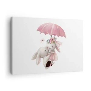 Cuadro sobre lienzo - Impresión de Imagen - Lindos conejitos bajo una sombrilla rosa - 70x50cm - Esto es amor - Decoración de pared moderna para salón y dormitorio ARTTOR
