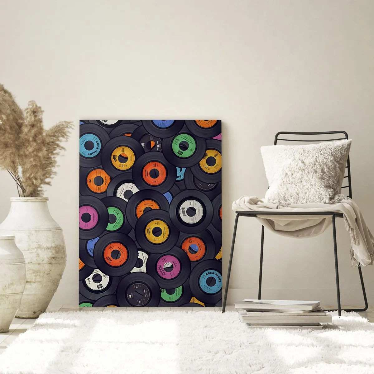 Cuadro sobre vidrio - Impresiones sobre Vidrio - Discos de vinilo de colores sobre un fondo negro - 50x70cm - Colores de los clásicos - Decoración de pared moderna para salón y dormitorio ARTTOR