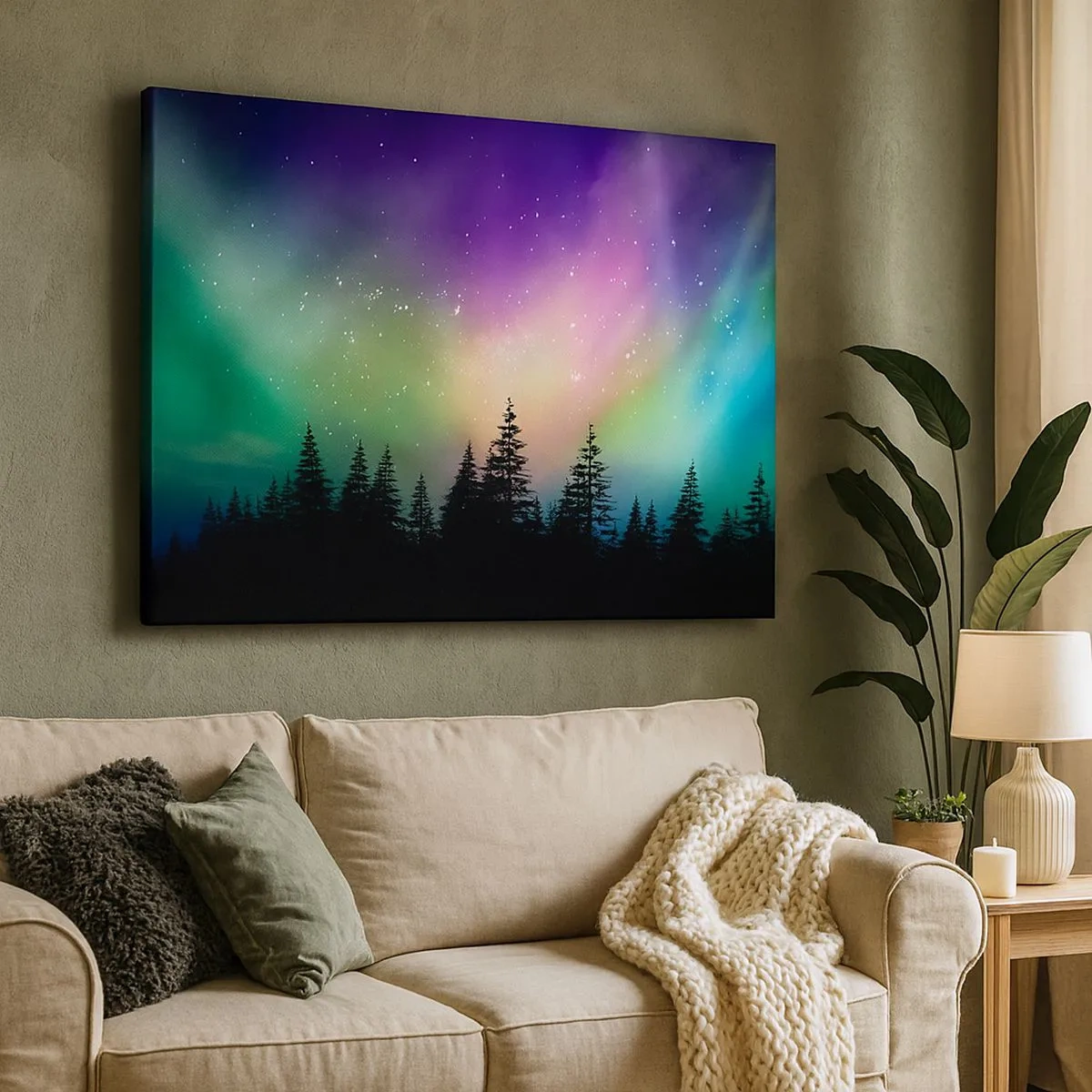 Cuadro sobre lienzo - Impresión de Imagen - Aurora boreal sobre un bosque con cielo estrellado - 70x50cm - Magia blanca - Decoración de pared moderna para salón y dormitorio ARTTOR