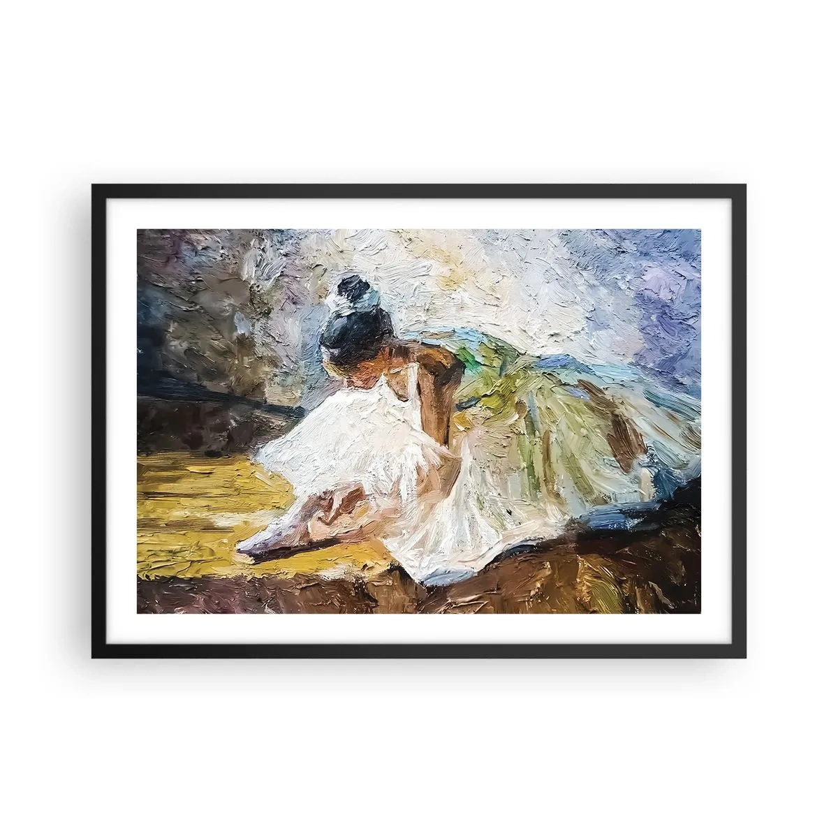 Póster en marco negro - Una bailarina con un vestido blanco de estilo pictórico sobre un fondo impresionista. - 70x50cm - De un cuadro de Degas - Decoración de pared moderna para salón y dormitorio ARTTOR