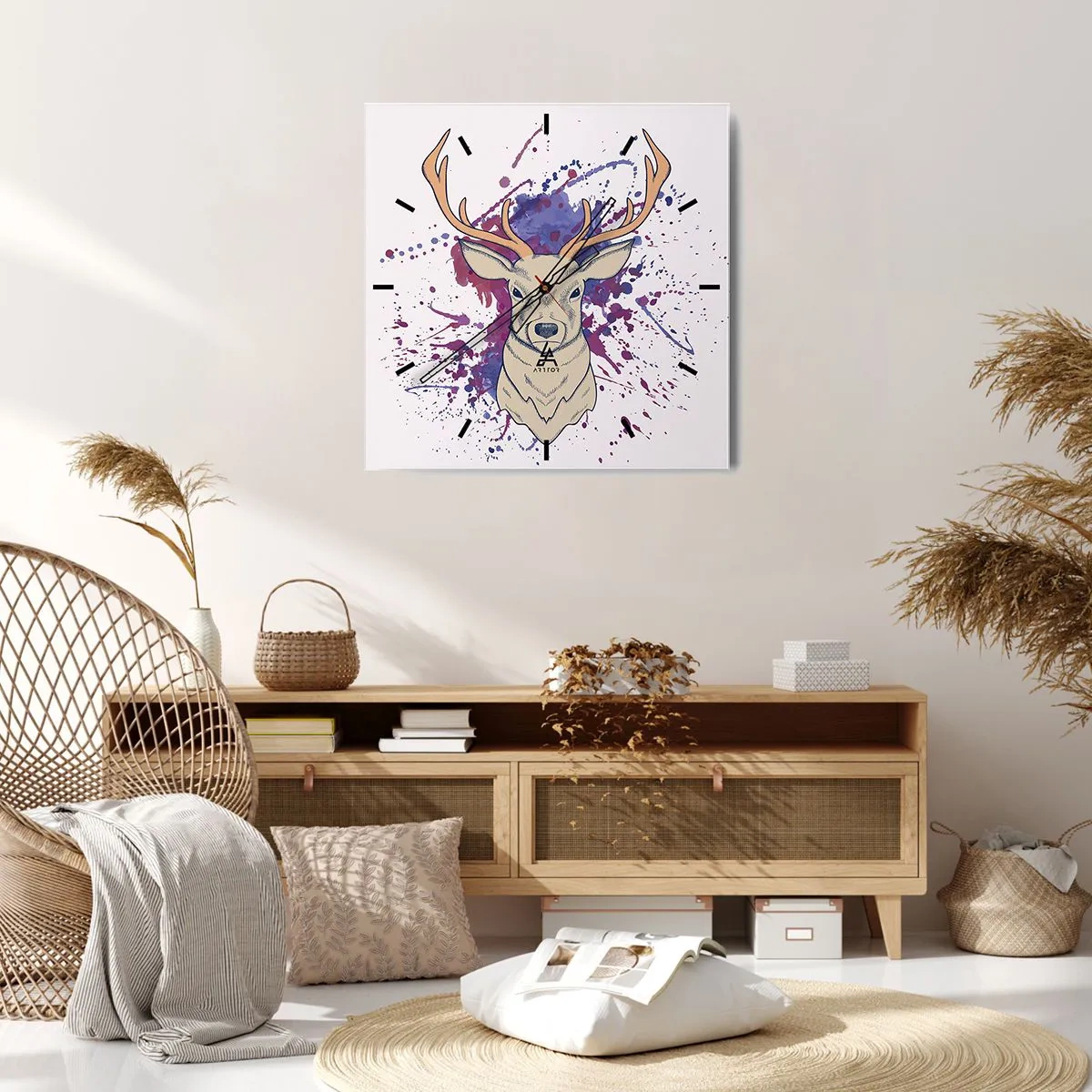 Reloj de pared - Reloj de vidrio - Retrato de un ciervo con manchas abstractas en el fondo. - 30x30cm - Valor y equilibrio - Decoración de pared moderna para salón y dormitorio ARTTOR
