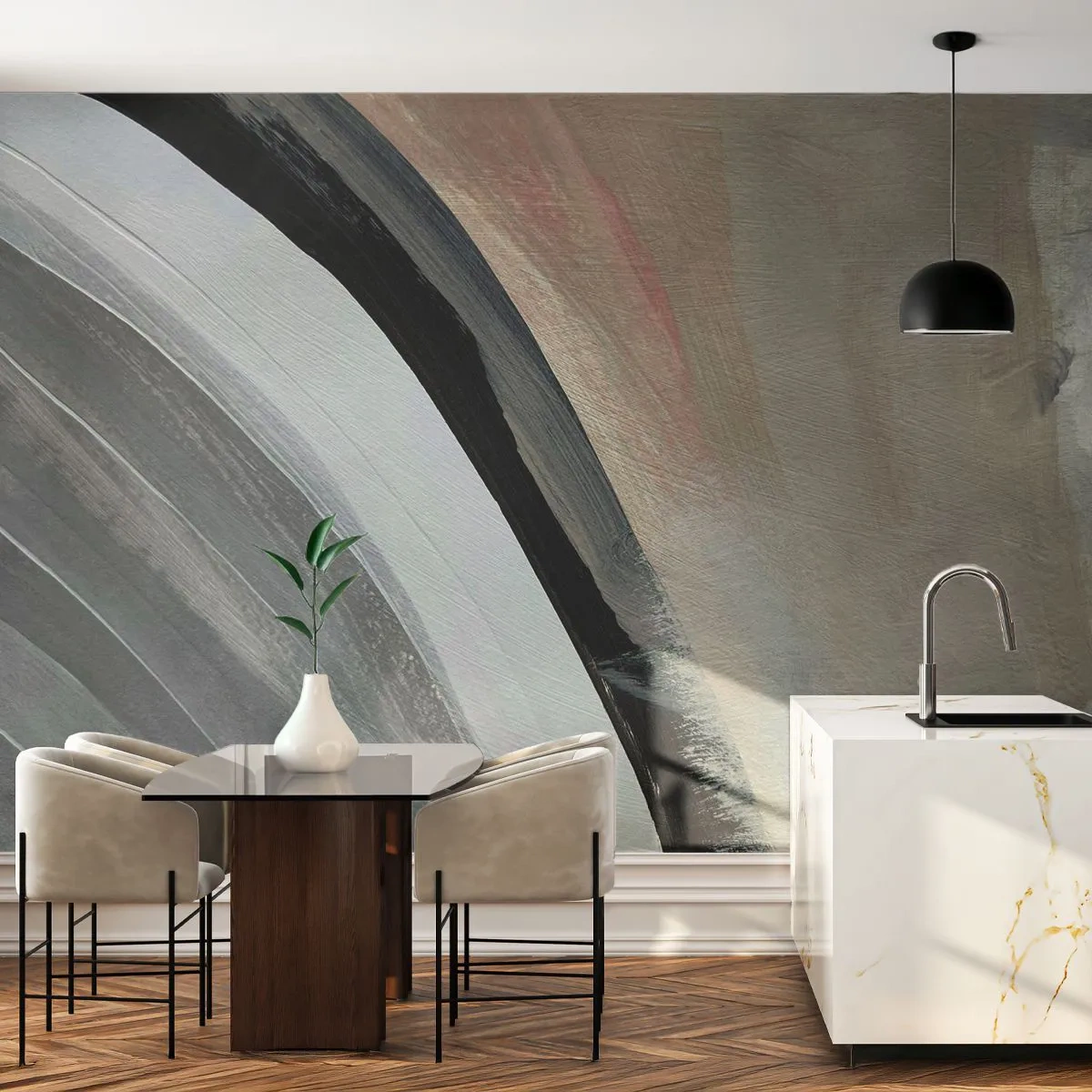 Fotomural Premium Sand - Arco abstracto en negro y tonos de gris. - 100x70cm - Composición: un arco negro y gris - Decoración de pared moderna para salón y dormitorio ARTTOR