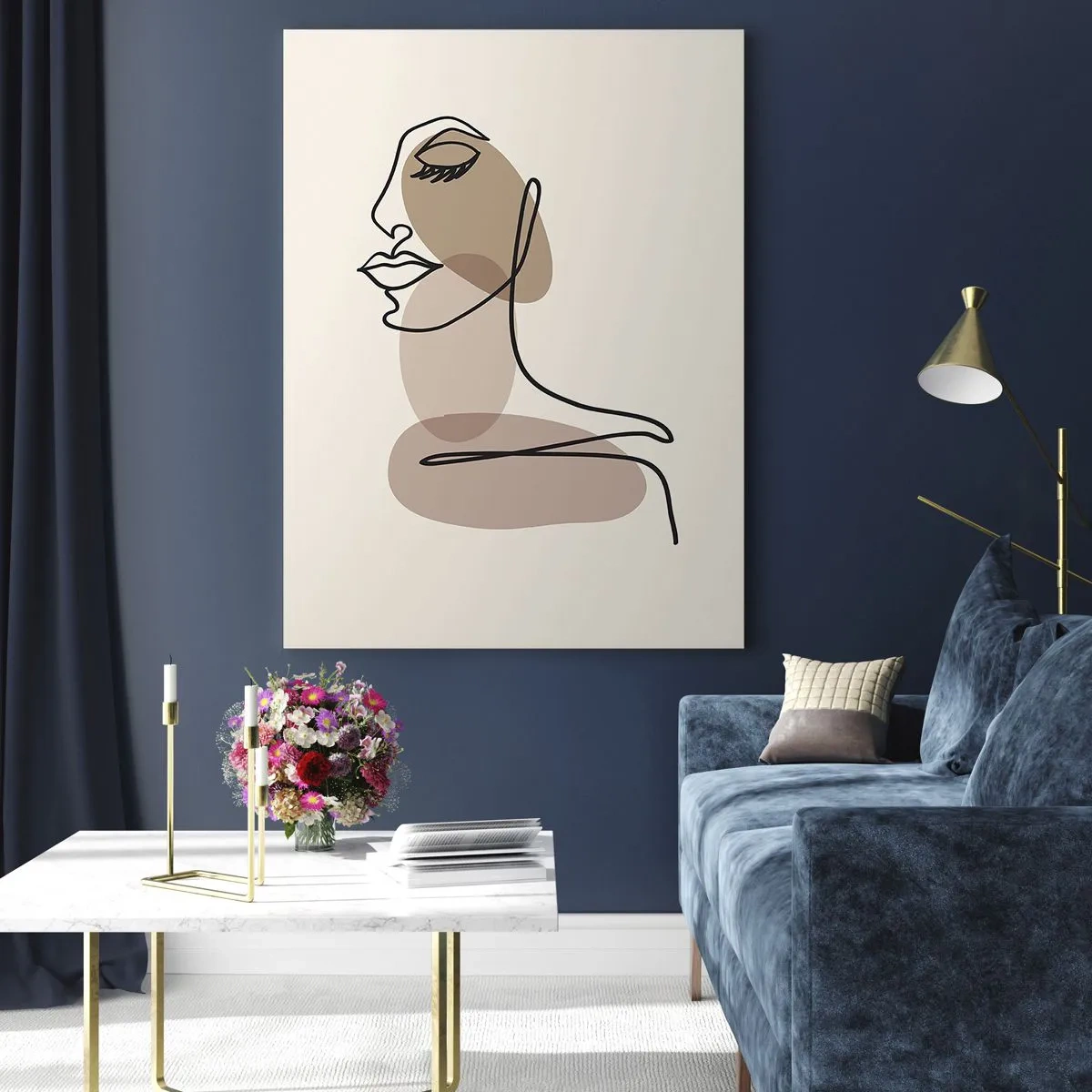 Cuadro sobre vidrio - Impresiones sobre Vidrio - Rostro de mujer minimalista con manchas abstractas. - 70x100cm - Escucharse a sí misma - Decoración de pared moderna para salón y dormitorio ARTTOR