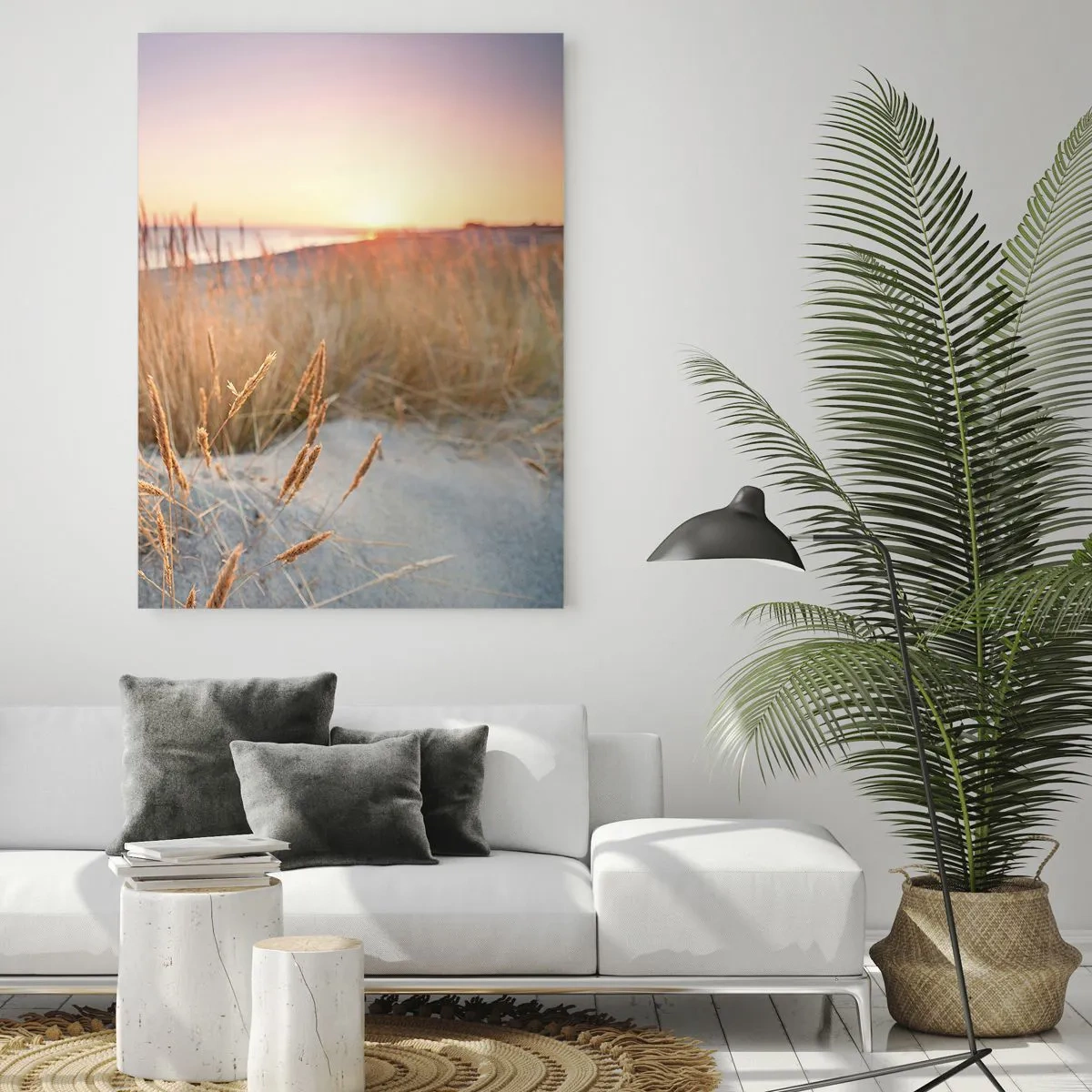 Cuadro sobre vidrio - Impresiones sobre Vidrio - Una playa con césped y la puesta de sol sobre el mar. - 50x70cm - Dulce nana del Báltico - Decoración de pared moderna para salón y dormitorio ARTTOR
