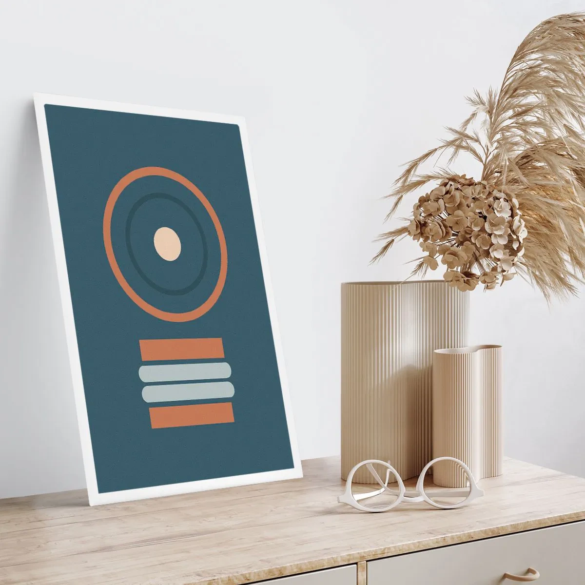 Póster - Patrón geométrico con círculos y rectángulos en tonos azules y marrones. - 50x70cm - La esencia de las cosas - Decoración de pared moderna para salón y dormitorio ARTTOR
