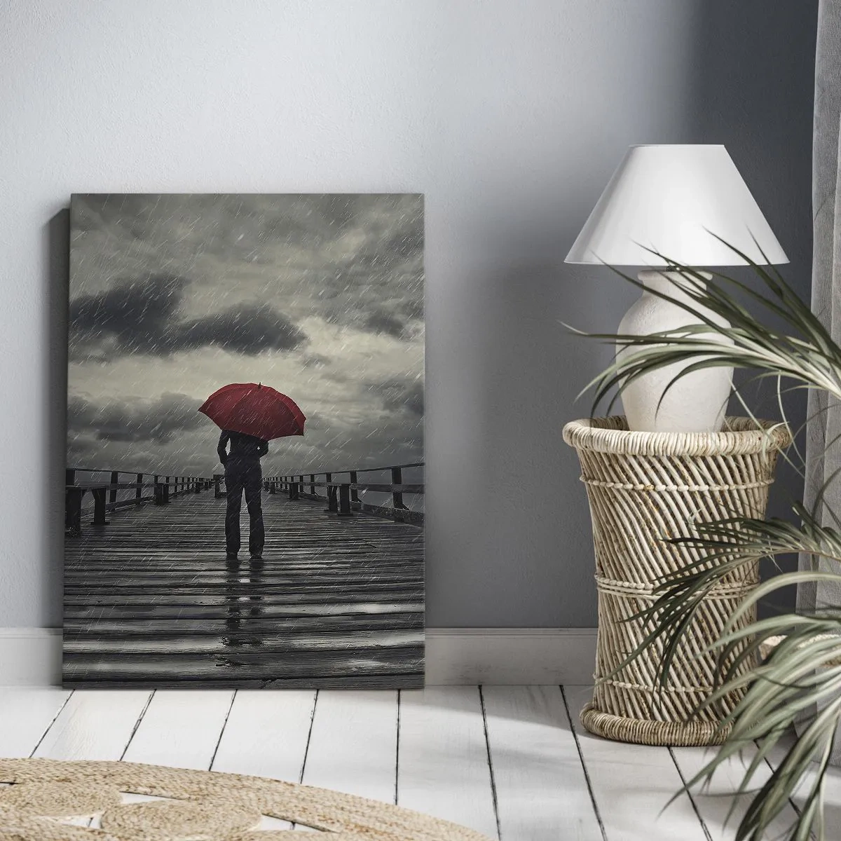 Cuadro sobre lienzo - Impresión de Imagen - Una persona con un paraguas rojo en un muelle lluvioso. - 50x70cm - No importa que llueva - Decoración de pared moderna para salón y dormitorio ARTTOR