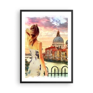 Póster en marco negro - Una mujer admira la vista de una ciudad histórica al atardecer. - 50x70cm - Escapada de fin de semana - Decoración de pared moderna para salón y dormitorio ARTTOR