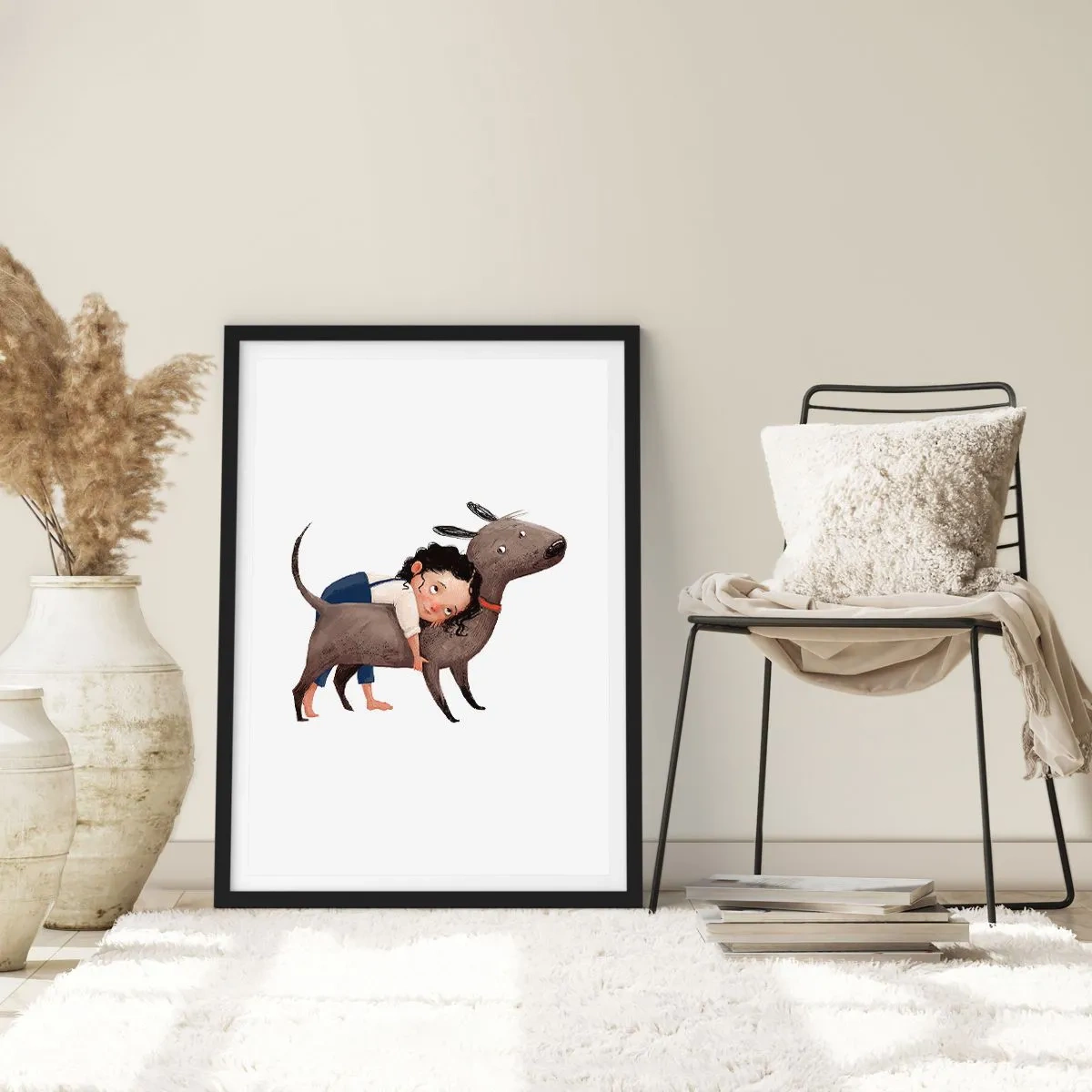 Póster en marco negro - Ilustración de un niño abrazando a un perro sobre un fondo blanco. - 50x70cm - Mejores amigos - Decoración de pared moderna para salón y dormitorio ARTTOR