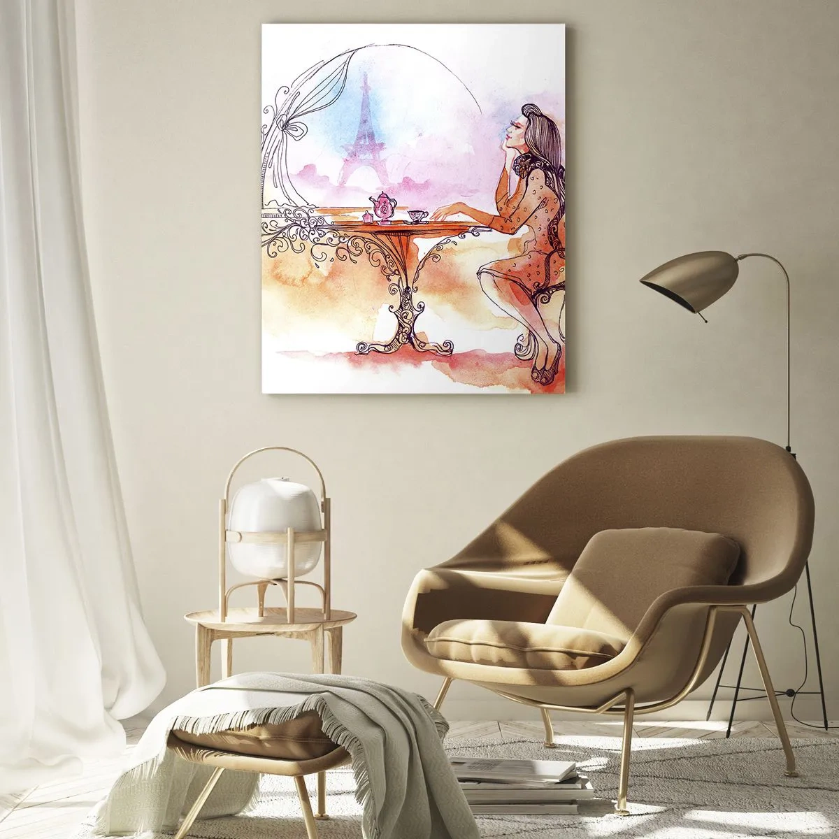 Cuadro sobre vidrio - Impresiones sobre Vidrio - Una mujer en una mesa con vistas a la Torre Eiffel en tonos pastel. - 50x70cm - Estilo parisino - Decoración de pared moderna para salón y dormitorio ARTTOR