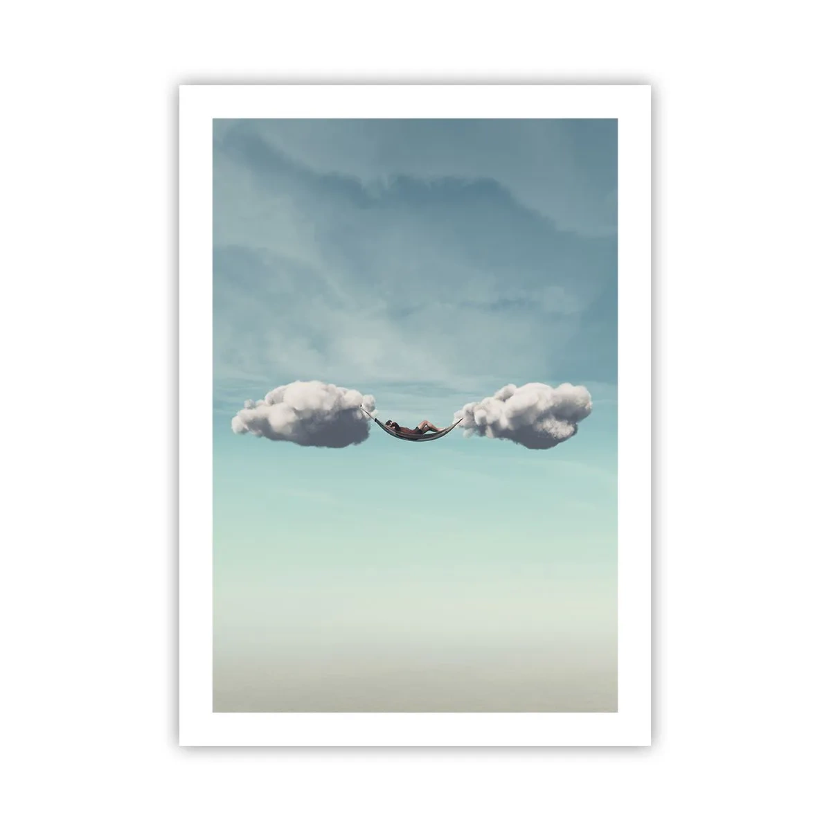 Póster - Una hamaca suspendida entre dos nubes contra el cielo. - 50x70cm - La felicidad del momento - Decoración de pared moderna para salón y dormitorio ARTTOR