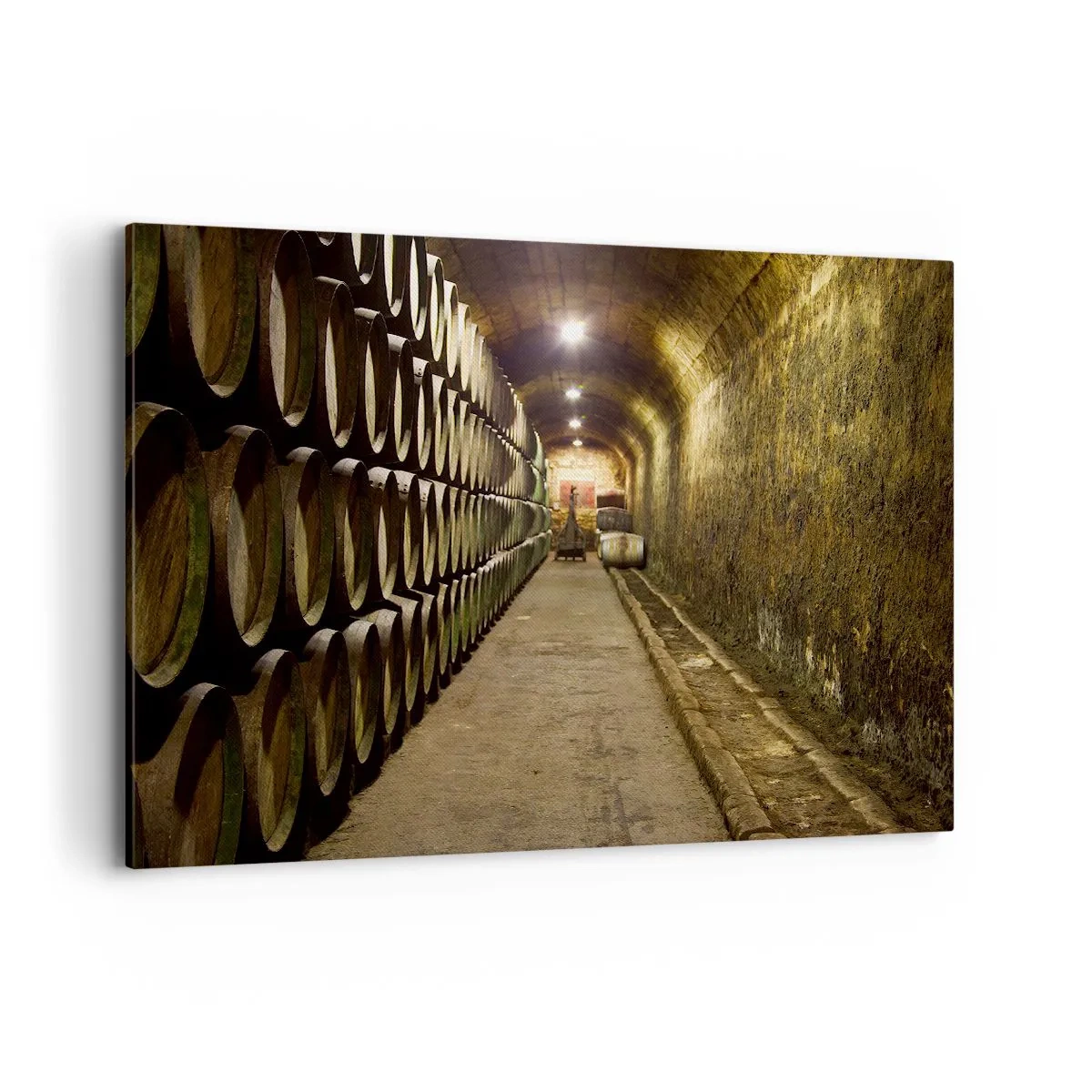 Cuadro sobre lienzo - Impresión de Imagen - Una bodega con barriles de vino de madera dispuestos en filas. - 120x80cm - El placer  - Decoración de pared moderna para salón y dormitorio ARTTOR
