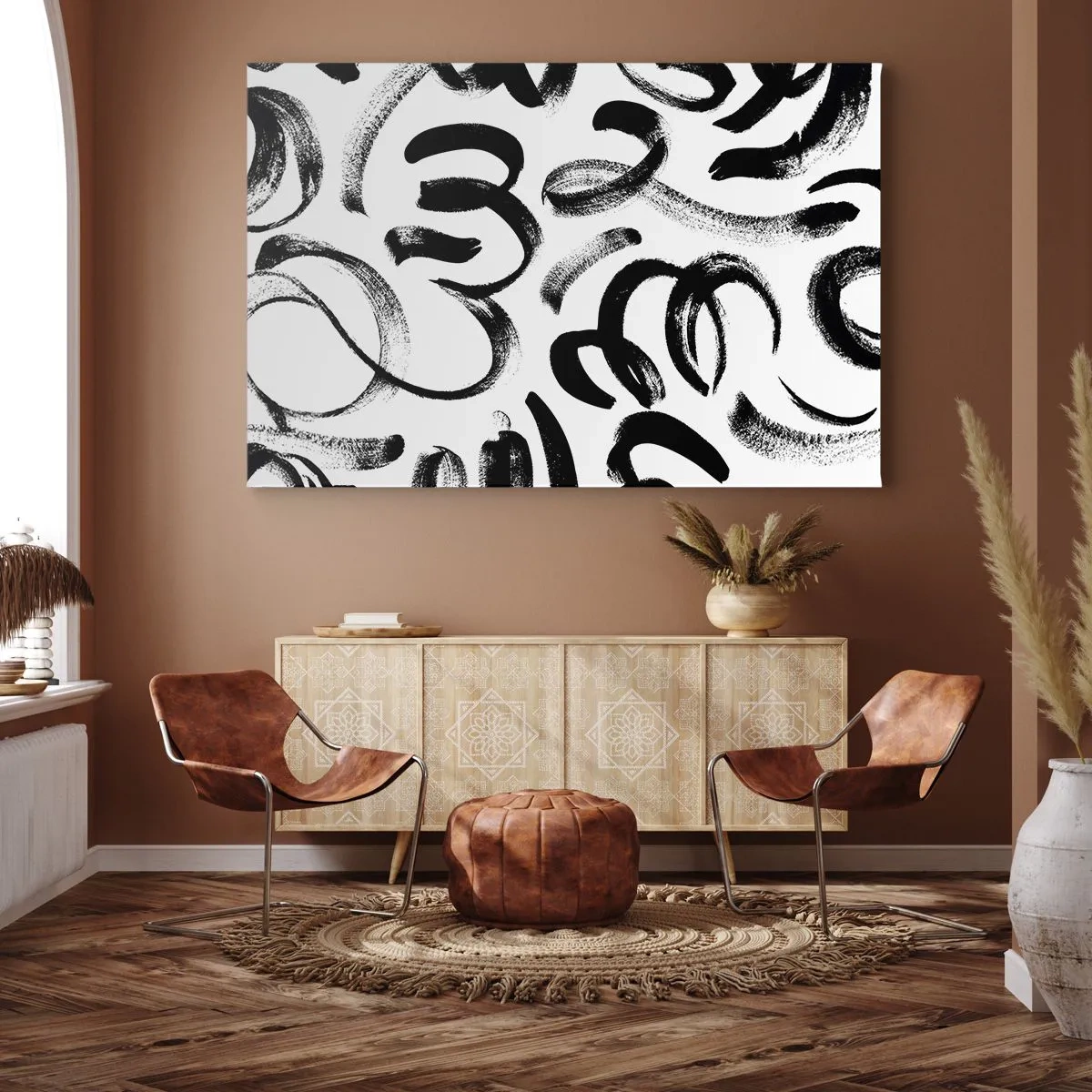 Cuadro sobre lienzo - Impresión de Imagen - Pinceladas abstractas negras sobre fondo blanco - 70x50cm - Negro sobre blanco - Decoración de pared moderna para salón y dormitorio ARTTOR