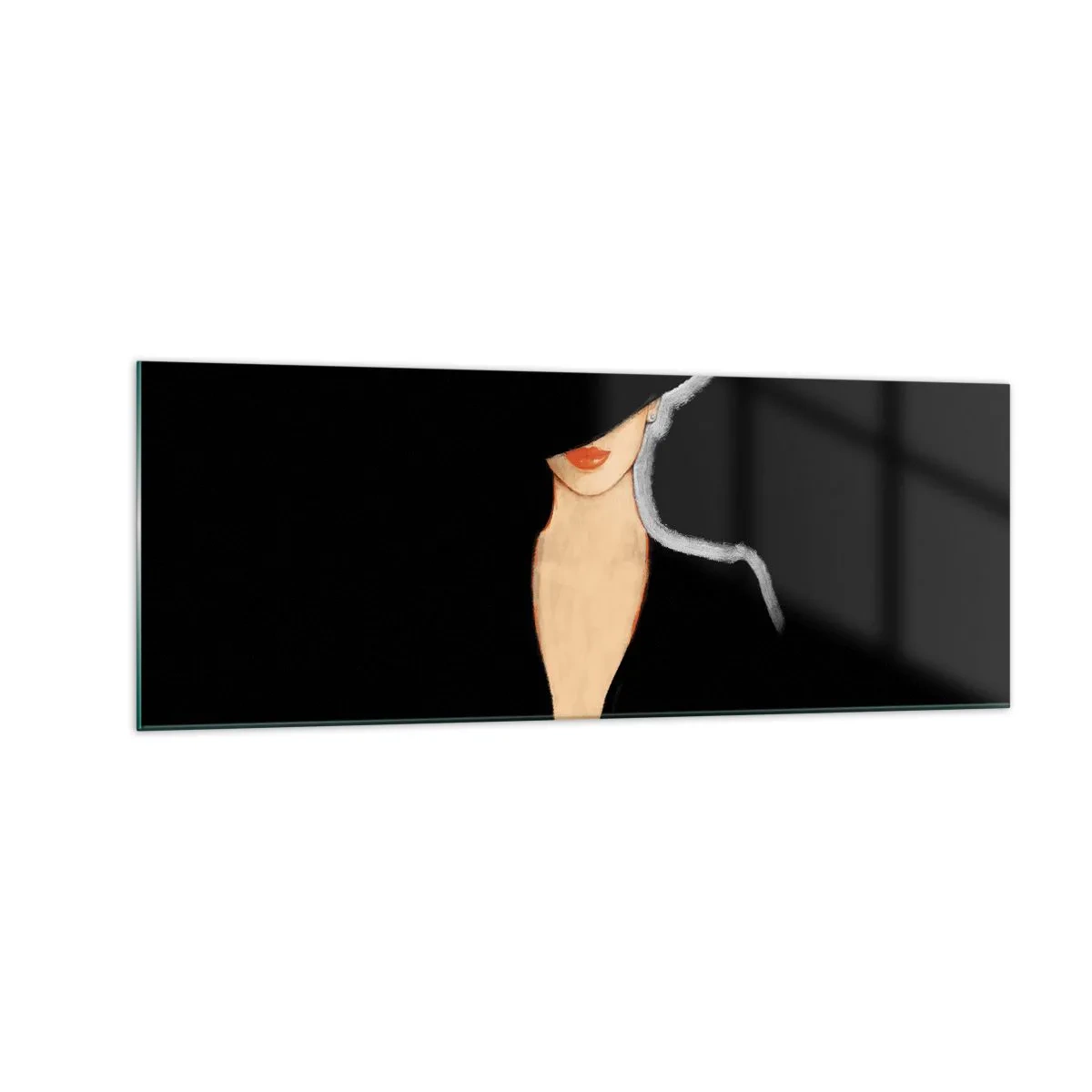 Cuadro sobre vidrio - Impresiones sobre Vidrio - Silueta de una mujer con sombrero sobre un fondo negro - 140x50cm - Elegancia y estilo - Decoración de pared moderna para salón y dormitorio ARTTOR
