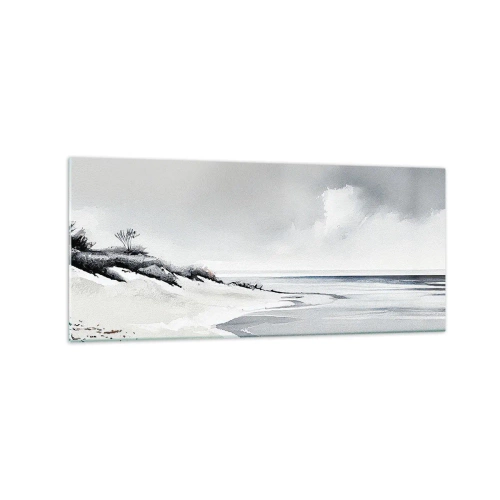 Cuadro sobre vidrio - Impresiones sobre Vidrio - Una playa en tonos tenues de gris y azul. - 120x50cm - Juntos desde el principio de los tiempos - Decoración de pared moderna para salón y dormitorio ARTTOR